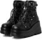 mikarka Holografische Plateau-Stiefel für Damen, Schnürstiefel, Nieten, Schnalle, Gothic, gestapelt, Keilabsatz, Kampfstiefeletten, Nieten, Schwarz, 8