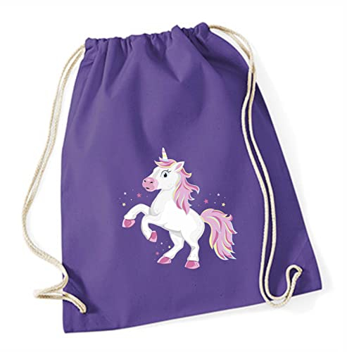 Turnbeutel für Kinder | Motiv Einhorn | Schuhbeutel Sporttasche Jutesack zum Zuziehen für Mädchen | Stoffbeutel mit Kordel für Schule, Kindergarten, Freizeit (lila)