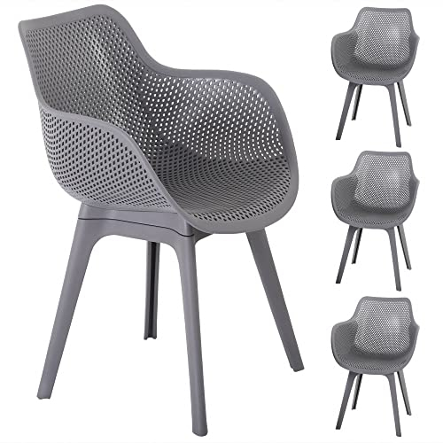 Raburg Gartenstuhl 4er Set Jasper in Stein-GRAU, Design-Schalenstühle mit Armlehne, ergonomisch & perforiert, sehr stabil, bis 150 kg