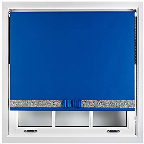 FURNISHED Blackout Roller Blinds Decorative Glitter Fabric & Bow - Trimmable - Blue 230W x 165H cm