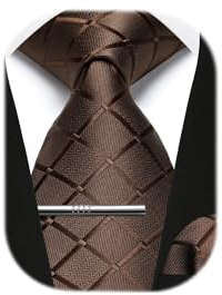 Enlision Braun karierte Herren Krawatte und Einstecktuch mit Krawattenklammer Set Business Hochzeit für Herren Krawatte & Einstecktuch & Krawattennadel Sets,Braun
