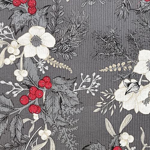 Christmas Fabric -Flowers Mistletoe & Berries on Silver Grey - Xmas Craft Fabric Material Metre