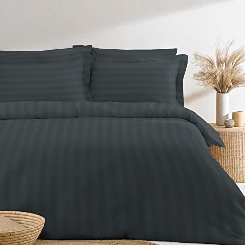 Cotton Anthracite Grey Satin Stripe Duvet Cover King, 300 Thread Count Damask Bedding 100% Long Staple Cotton 230 x 220 cm King Size Duvet Cover Sets with Button Closure (King Size Quilt Cover) Pizuna
