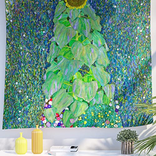 Berkin Arts Decor Wandteppich zum Aufhängen, Hintergrund aus hochwertigem Polyesterstoff Grüner cooler Retro 130 x 150 CM (Gustav Klimt-Sonnenblumen)