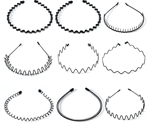 9 Stück Metall Haarband, Welle Haarreif Männer Damen mit Rutschfesten Zähnen, Schwarz Rutschfeste Elastisches Mode Haarreif Haarstyling Zubehör für Sport, Fitness, tägliches Make-up (Schwarz)