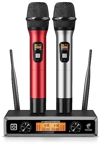 TONOR TW820 Wireless Microphone System, Professional Metal Cordless Karaoke Microphones, Handheld Dynamic Mic Set with Receiver for Party, Meeting, KTV, DJ, Wedding, Singing, 200ft, Silver&Red