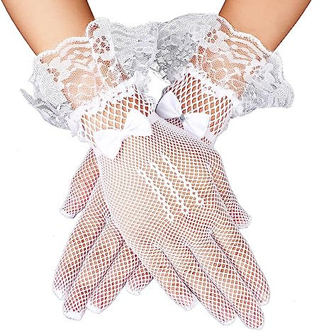 Giantree Frauen Spitze Handschuhe, elegante kurze Spitze Handschuhe für Hochzeit Diner Party Tea Party Cosplay Oper Abend Party Kostüm Zubehör (Weiss)
