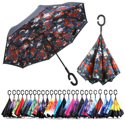 CICILIAYA Doppelschichtiger, faltbarer umgekehrter Regenschirm, selbststehend, umgedrehter Regenschutz, Auto-Umkehrschirme mit C-förmigem Griff, großer gerader Regenschirm, Bunt 1, Medium