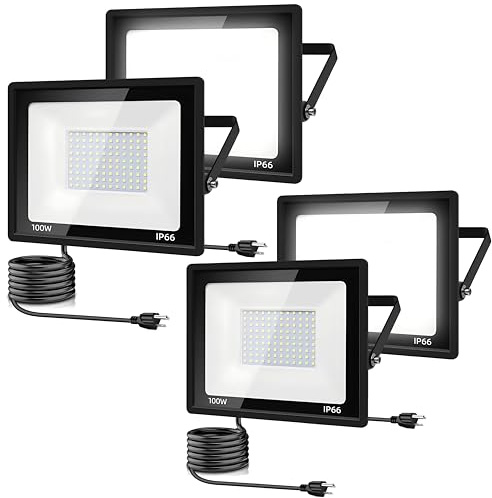 4Pack Outdoor LED Flood Light,100W LED Work Light 11000lm with 6FT US Plug