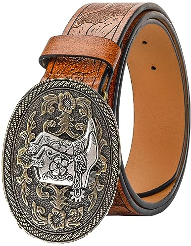 UTOWO Western-Cowboy-Schnallengürtel aus PU-Leder für Damen und Herren, Jeans mit Gravur, Blumenmuster, Longhorn, Stier-Schnalle, Gürtel (63,5–96,5 cm Taille), Stiefel, braun, for 34-38 waist