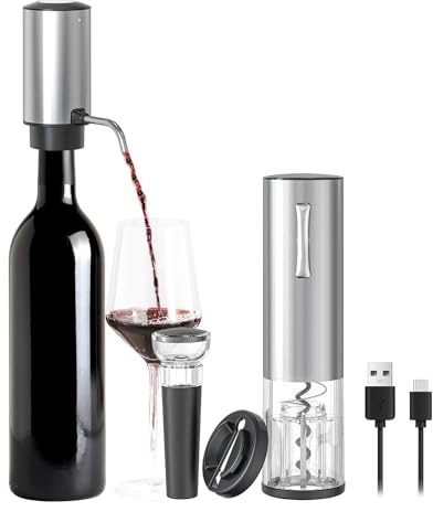 ELMWAY Electric Wine Opener & Aerator Set – Rechargeable Stainless Steel Wine Opener & Decanter with Foil Cutter & Vacuum Stopper