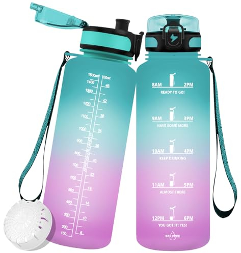 Vikaster Unisex-Adult SDG-ZY-1500ML Sport Auslaufsicher, BPA Frei, Trinkflasche für Yoga, Fitness, Camping, Outdoor, Grün-Lila 1.5L, 1500ml
