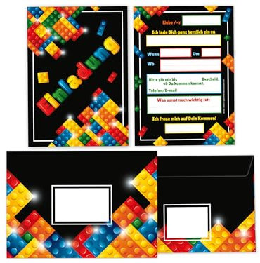 Limonia 12 Einladungskarten incl. 12 Umschläge zum Kindergeburtstag Einladung Geburtstag Jungen Mädchen Unisex Bausteine Bauklötze bunt schwarz