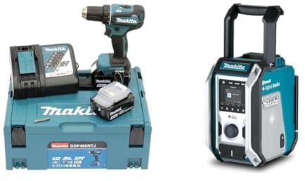 Makita DDF485RTJ Akku-Bohrschrauber 18, 0V, Blau/Silber & DMR115 Akku-Baustellenradio (ohne Akku, ohne Ladegerät), Türkis, Schwarz, Silber