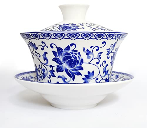 NIUKOMY Gaiwan Taza Porcelana, Taza de Té Kung Fu Cerámica, China Tradicional Tazón de Té con Tapa y Platillo (200ML Loto Azul)