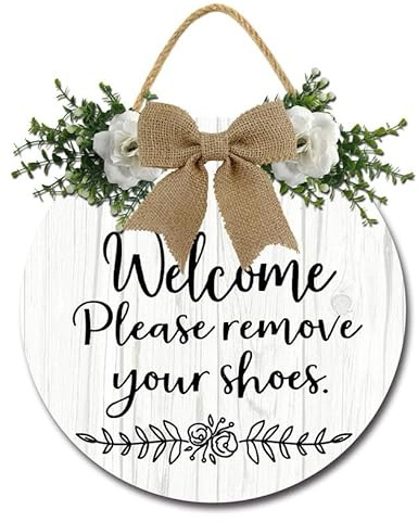 Geroclonup Welcome Please Remove Your Shoe Sign for Front Door 30cm Funny Welcome Wreath Round Wood Hanging Shoes Off No Shoes Sign for Home Porch Entrance Decoration