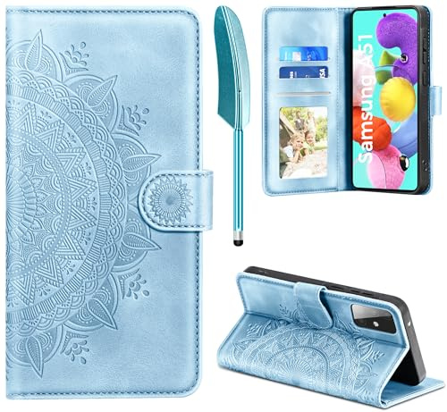 EASDNB Lederhülle für Samsung Galaxy A51 Hülle, Handyhülle für Galaxy A51 Flip Wallet PU Leder Case [Kartenfach] [Magnet] [Standfunktion] Prägung Klapphülle Schutzhülle für Samsung A51, Himmelblau