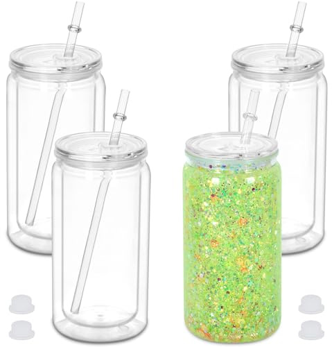 Micellwuu 16 oz Plastic Snow Globe Tumbler, 4 Pack Double Wall Snowglobe Tumbler with Pre Drilled Hole, Plastic Mason Jar Cups Can for Snow Globe Glitter DIY (Clear)