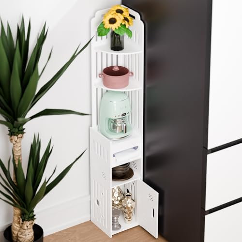 Awjaisca Meuble Salle De Bain Moderne Et éTroit avec Porte-Papier HygiéNique - Solution De Colonne Salle De Bain en Bois-Plastique pour Les Espaces Restreints, Meuble à 2 Portes