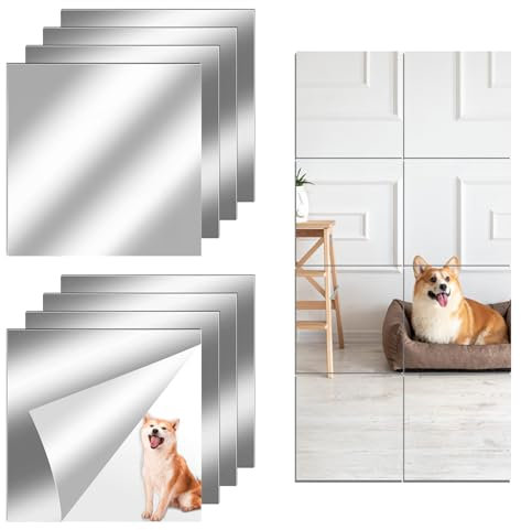 Mulomir Flexibler Selbstklebender Spiegel, Dicker Acryl Spiegel, Rahmenloser Wandspiegel Wanddekoration für Zuhause, Wand, Fitnessstudio, Tür, DIY-Dekor (8, 8pcs, 20 * 20cm, 2mm)