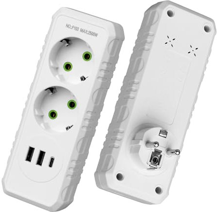 Doppelstecker für Steckdose, Steckdosenadapter, Mehrfachsteckdose mit 1 Typ-C(PD 20W, Schneller Aufladen) und 2 USB, Erhöhter Berührungsschutz, Steckplätze 45 Grad Gedreht, für Zuhause Büro (Weiß)