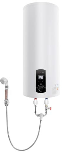SABUIDDS Calentador de agua eléctrico, 100 L, fijación a la pared, horizontal, 2000 W, 220 V, calentador de agua caliente, equipado con grifo y cabezal de ducha para cocinas y baños, color blanco