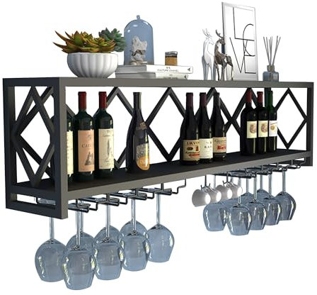 Scaffale da parete galleggiante per bottiglie di liquore, con supporto per bicchieri di vino, moderno, nero, per cucina, bar, casa, bar e sala da pranzo