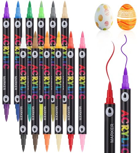 saerryor 12 Pack Acrylic Paint Pens, 24 Color Dual Tip Acrylic Markers, Waterproof Water-Based Quick Dry Acrylic Brush Markers, Glass Paints for Glass Painting