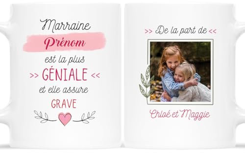 Cadeau Plus Mug Personnalisé Prénom Et Photo - Marraine Est La Plus Géniale - Cadeau Marraine, Cadeau Parrain Marraine Bapteme, Cadeau Marraine Personnalisé, Tasse Marraine, Mug Marraine