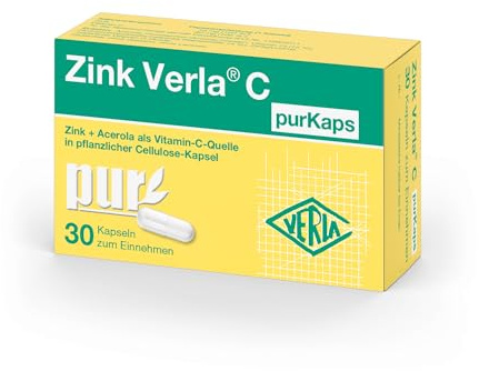 Zink Verla C purKaps – 10 mg Zink als Zinkgluconat möglichst pur + 80 mg Vitamin C mit Acerola in pflanzlicher Cellulose -Kapsel, frei von Süßungsmitteln, vegan, glutenfrei und ohne Lactose, 30 St