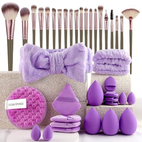 40 Stück Pinselset Makeup Professionelles Make up Pinsel set für Frauen | Foundation-Mischungen | Premium Beauty-Werkzeuge, Schwamm für Foundation, Make-up-Applikatoren (40 Stück - Lila)