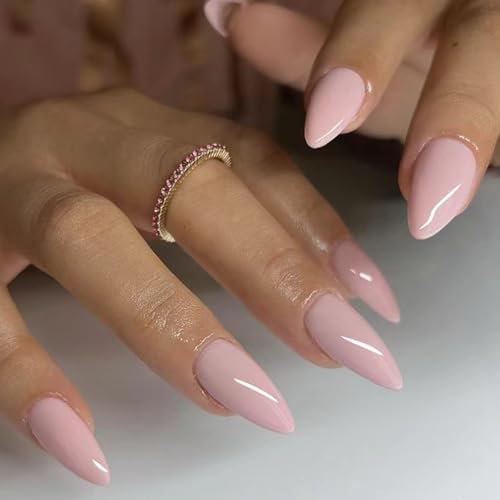 Pale Pink False Nails - 24Pcs Press on Nails Almond Solid Color - Glossy Full Cover Medium Fake Nails with Glue - Removable French Stick on nails for Women Girls Nail Art Accessories