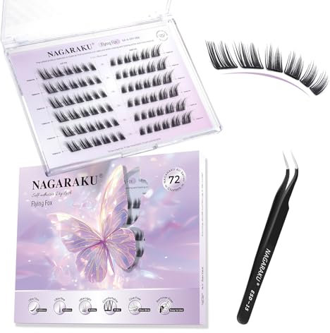 NAGARAKU Cils Auto-Adhésifs avec Pince 72 Fans Self Adhesive Lash Monobloc Flocons Fins Sans Dissolvant De Colle À Presser Réutilisables Oblique Flying Eyelash Avec Effet Eyeliner (C Curl Flying Fox)