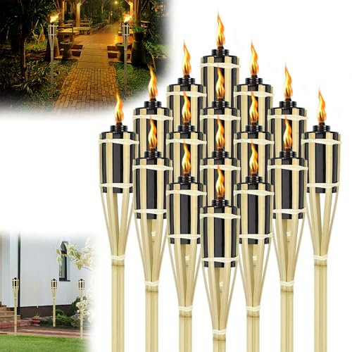 QEENTOE 24 Stück Gartenfackeln für Draußen – 90cm Outdoor Ölfackeln mit 12 Ersatzdochten | Wetterfeste Dekofackeln für Garten, Terrasse, Strand & Hochzeit | Bambusfackeln für gemütliche Atmosphäre