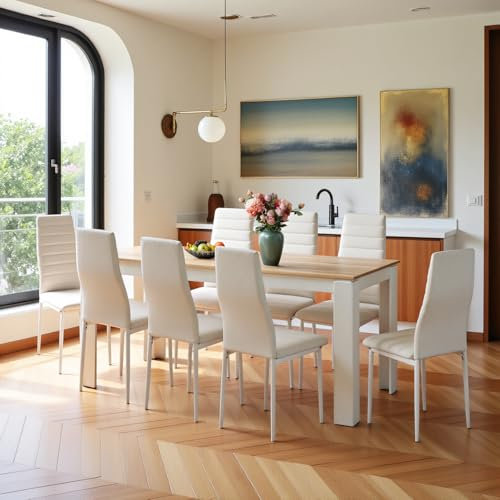 FURNITABLE Esstisch mit 8 Stühlen Esszimmergruppe, Essgruppe mit Hochlehner Kunstleder Stuhl für 8 Personen, Sitzgruppe für Küche Wohnzimmer(160cm Eiche-Weiß Tischbein Tisch+8 Weiß Stühle)
