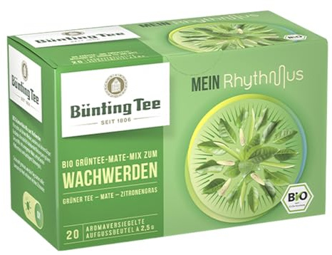 Bünting Tee Bio Mein Rhythmus, 3er Pack (3 x 20 Teebeutel) Grüntee-Mate-Mix zum Wachwerden | Grüner Tee - Mate - Zitronengras | Glutenfrei | Laktosefrei | ohne Zuckerzusatz