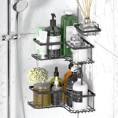 Vinsani 3-Pack Corner Shower Caddy – No Drilling Bathroom Shelf Set with Soap Holder & Hooks | Rustproof Bathroom Accessories Stainless Steel Storage Rack for Shower, Kitchen & Home Décor (Black)