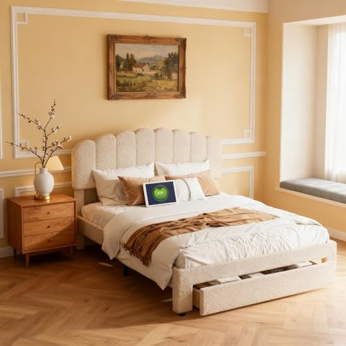 KRYZOR Polsterbett Doppelbett 160x200 cm mit LED-Beleuchtung und USB-Anschluss, Stauraumbett Bettgestell mit 4 Schubladen und Lattenrost, Jugendbett Funktionsbett (Beige-F, 140x200cm)