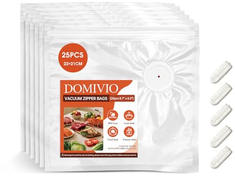 DOMIVIO Reusable Vacuum Seal Bags, 25 PCS 22 × 21cm BPA Free Double Zipper Vacuum Sealer Bags with Air Valve, Food Storage Bag for Meal Prep, Food Preservation and Sous Vide, Freezer, Microwave