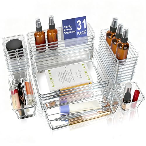 31 Stück Schubladen Organizer - Schminktisch Organizer in 4 Größen, Make Up Organizer, Küchen Organizer, Transparente & Rutschfeste Schubladen Einsätze für Schminktisch, Küche, Büro & Badezimmer