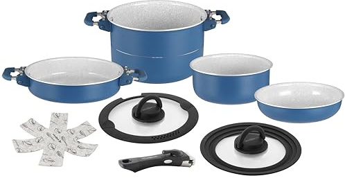 Brunner Carezza Magnetogrip - Set di pentole e padelle in ceramica antiaderenti compatibili con induzione, per camper, roulotte e barca, design impilabile salvaspazio con manici magnetici pieghevoli