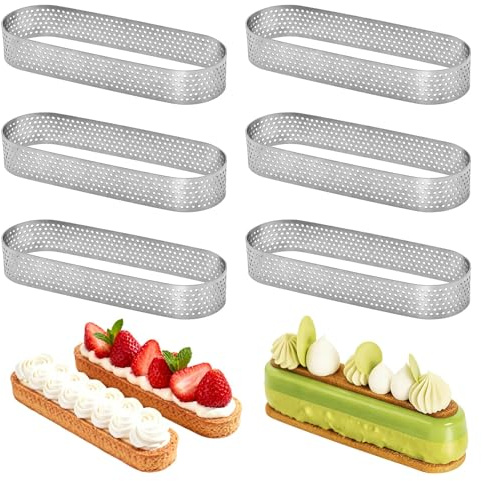 QEAS 6 Piezas Moldes Perforados Tartaletas, Moldes para Anillos de Pastel Oval, Anillos para Pastel de Acero Inoxidable para Tartas Pasteles Mini Tartas Mini Pizzas Muffins(13 * 4.3 * 2cm)