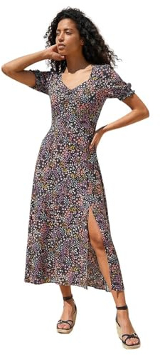 Roman Floral Print Dress for Women UK Ladies Sweetheart Neck Ruched Midi Maxi Long Length Short Sleeve Flattering Casual Summer Spring Party Evening Going Out - Ditsy Floral Black - Size 14