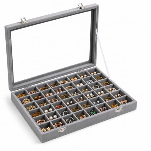 ORGENYOYO 48 Grid Earring Storage Organiser,Velvet Jewellery Tray with Lid | Women Earring Box,Fits Studs,Rings and Necklaces,Dust-proof Glass Top,Lockable Design,Adjustable Grid,for Jewellery Collector