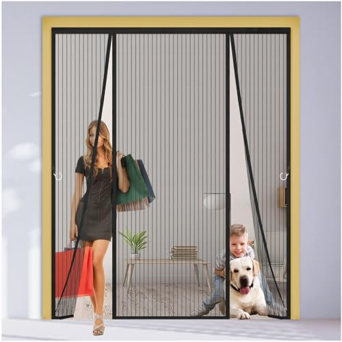 Magnetic Fly Screen Door, 3-Panel Side-Opening Mesh Curtain for Double Doors, 4cm Widened Top Seal Heavy Duty Mosquito Net for French, Patio & Sliding Doors,245x205cm,Black