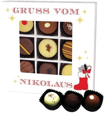 Hallingers Genuss Manufaktur Pralinen Weihnachts-Geschenk - mit & ohne Alkohol, handmade aus Edelkakao in wertiger L-Geschenkbox Gruß vom Nikolaus, Weihnachten für Frauen Männer