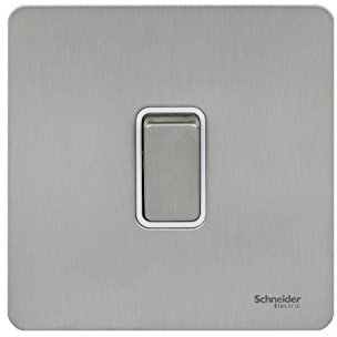 Schneider Electric Ultimate Schraubenlose flache Platte, 2-Gang-Wippschalter, 2-Wege-Lichtschalter, einpolig, 16 AX, GU1414WSS, Edelstahl mit weißem Einsatz