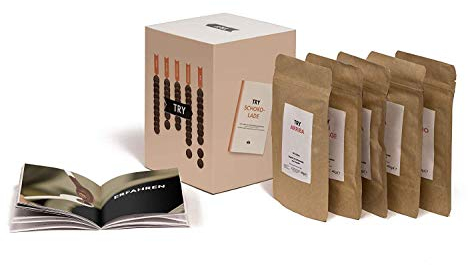 TRY Schokolade Geschenkset - Bekannt aus der Höhle der Löwen - Verkostung mit fünf Grand Cru Schokoladen und 60-seitigem Booklet. Das perfekte Geschenk für alle Schokoladen-Fans.