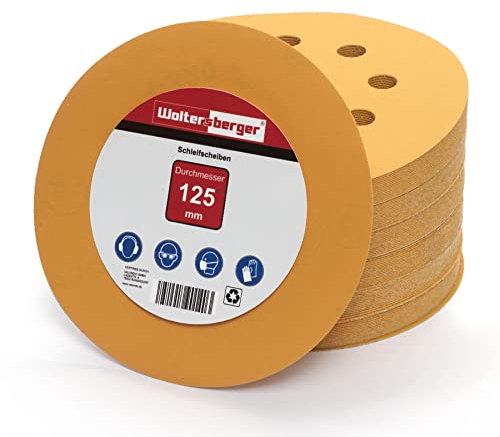 Woltersberger® Exzenter Schleifscheiben Ø 125mm | 8 Loch in gold | Schleifpapier für optimales schleifen, vielseitig einsetzbar, verschiedene Körnungen und Stückzahlen (50 Stück, P80 Körnung)