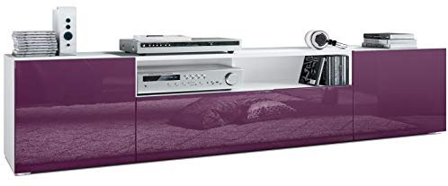 Vladon Lowboard Mogan, TV-Kommode mit 2 Türen, 1 Klappe und 1 offenes Fach, Weiß matt/Brombeer Hochglanz (181 x 39 x 35 cm)